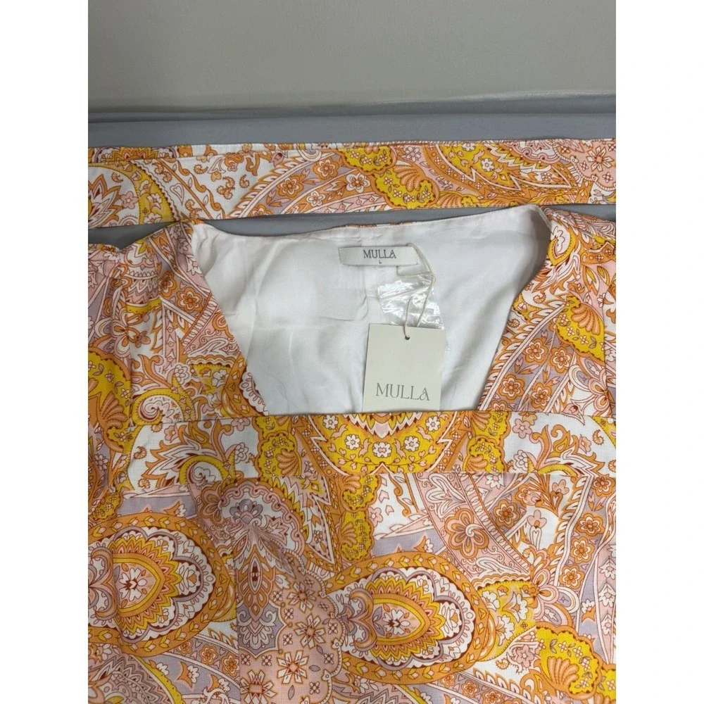 Mulla Linen Paisley Crop Top and Shorts Set L Orange White W/Belt Lined Party